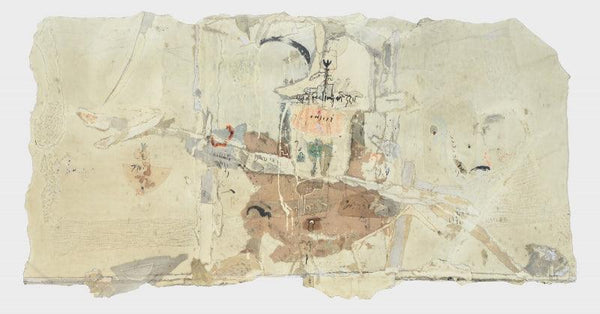 Abstract mixed media drawing titled 'Angarh 2', 39x84 inches, by artist Shahanshah Mittal on Mount Paper