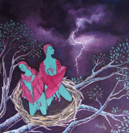 Figurative acrylic painting titled 'Angel Nest', 30x30 inches, by artist Manjula Dubey on Canvas