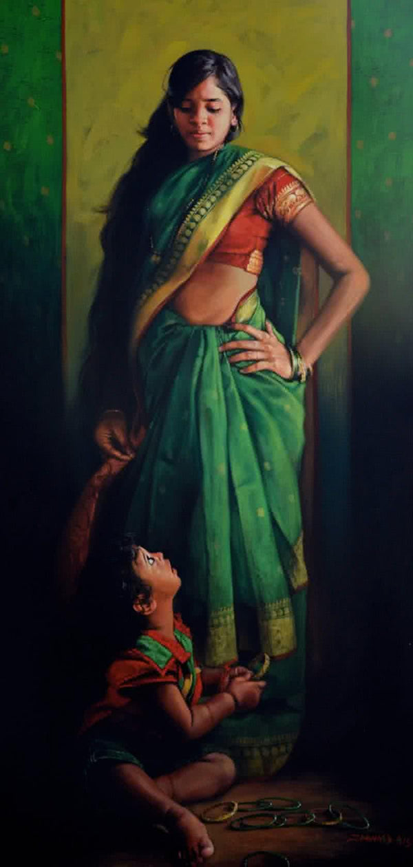 Figurative acrylic painting titled 'Angelic Gaze', 60x30 inches, by artist Pramod Jagtap on Canvas