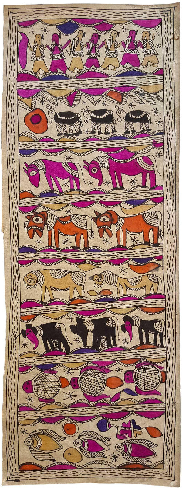 Folk Art madhubani traditional art titled 'Animal Congregation Madhubani Art', 23x9 inches, by artist Yamuna Devi on Handmade Paper