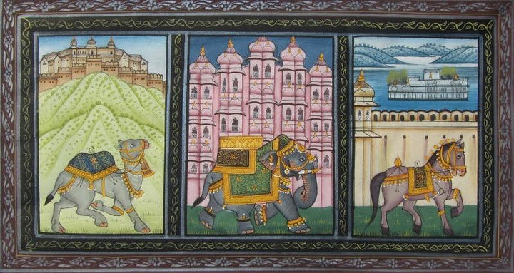 Animals mughal traditional art titled 'Animals', 5x10 inches, by artist E Craft on Silk