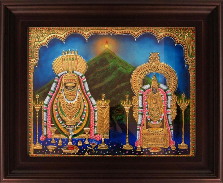 Religious tanjore traditional art titled 'Annamalaiyar Unnamulaiamman Tanjore', 18x24 inches, by artist Myangadi Tanjore on Plywood