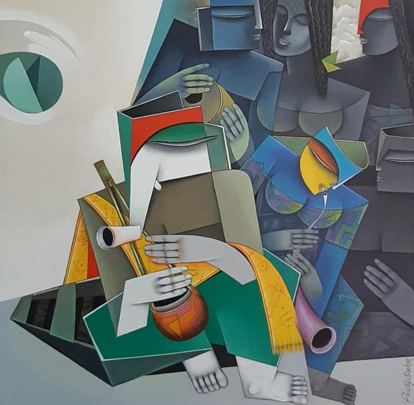 Figurative acrylic painting titled 'Anticipation Of Divine Tunes 2', 30x30 inches, by artist Pradip Sarkar on Canvas