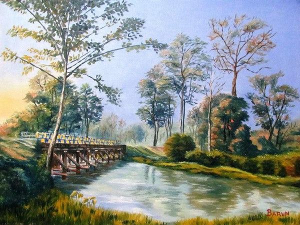 Nature oil painting titled 'Approach Bridge To Holong Bunglow Doaars', 24x16 inches, by artist Barun Singh on Canvas