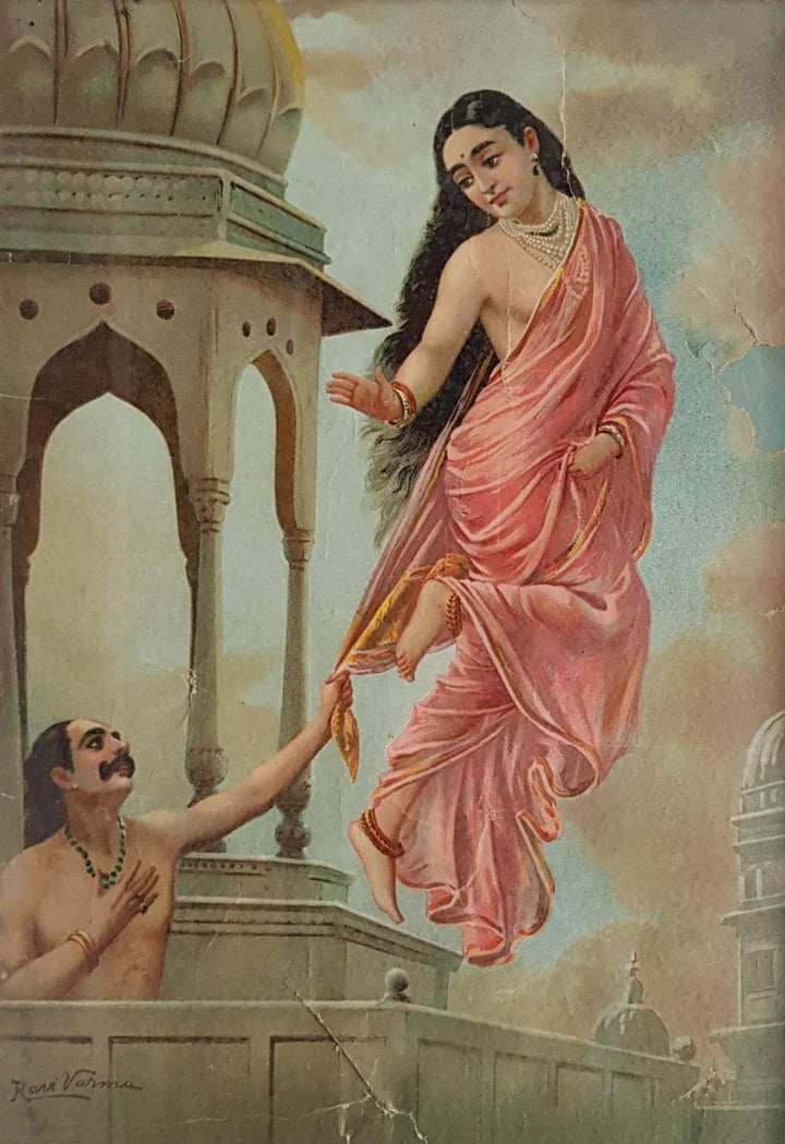 Figurative oleograph painting titled 'Apsara Urvashi And King Pururavas', 22x16 inches, by artist Raja Ravi Varma on Paper