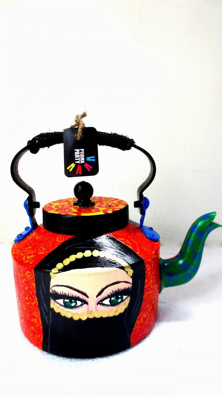 Lifestyle craft titled 'Arabian Lady Tea Kettle', 9x9x7 inches, by artist Rithika Kumar on Aluminium