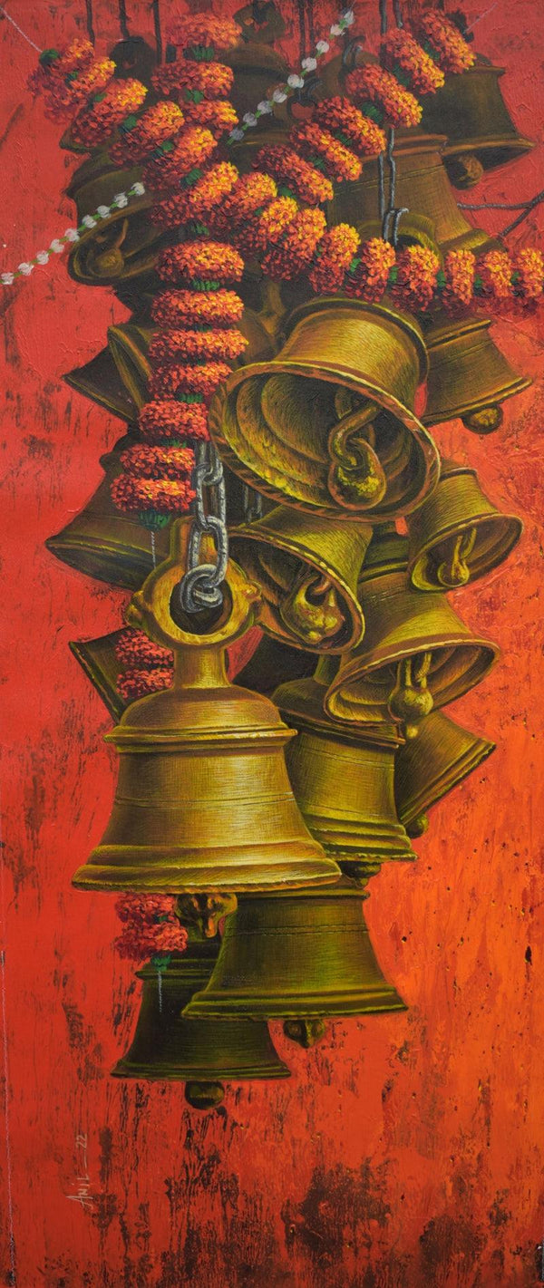 Religious acrylic painting titled 'Aradhana 57', 40x16 inches, by artist Anil Kumar Yadav on Canvas