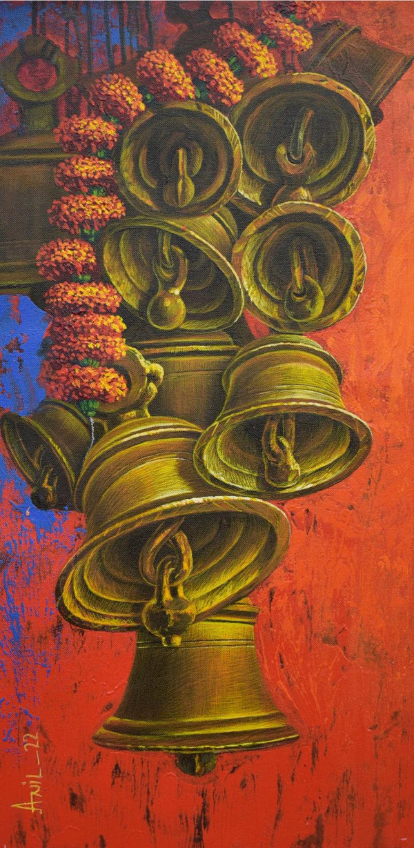 Religious acrylic painting titled 'Aradhana 58', 25x13 inches, by artist Anil Kumar Yadav on Canvas