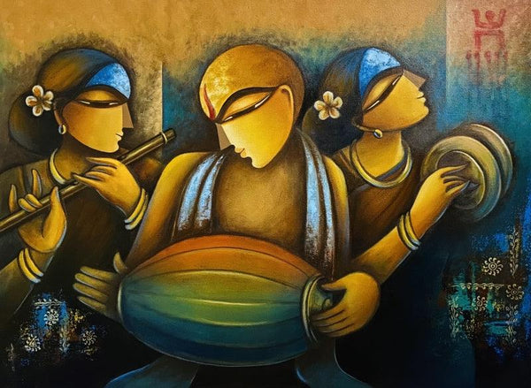 Religious acrylic painting titled 'Aradhana', 24x32 inches, by artist Mousumi Mukherjee on Canvas