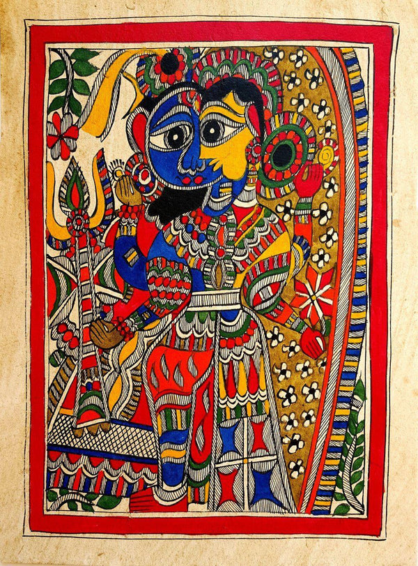 Folk Art madhubani traditional art titled 'Ardhanareeswara 1', 15x11 inches, by artist Mithlesh Jha on Handmade Paper