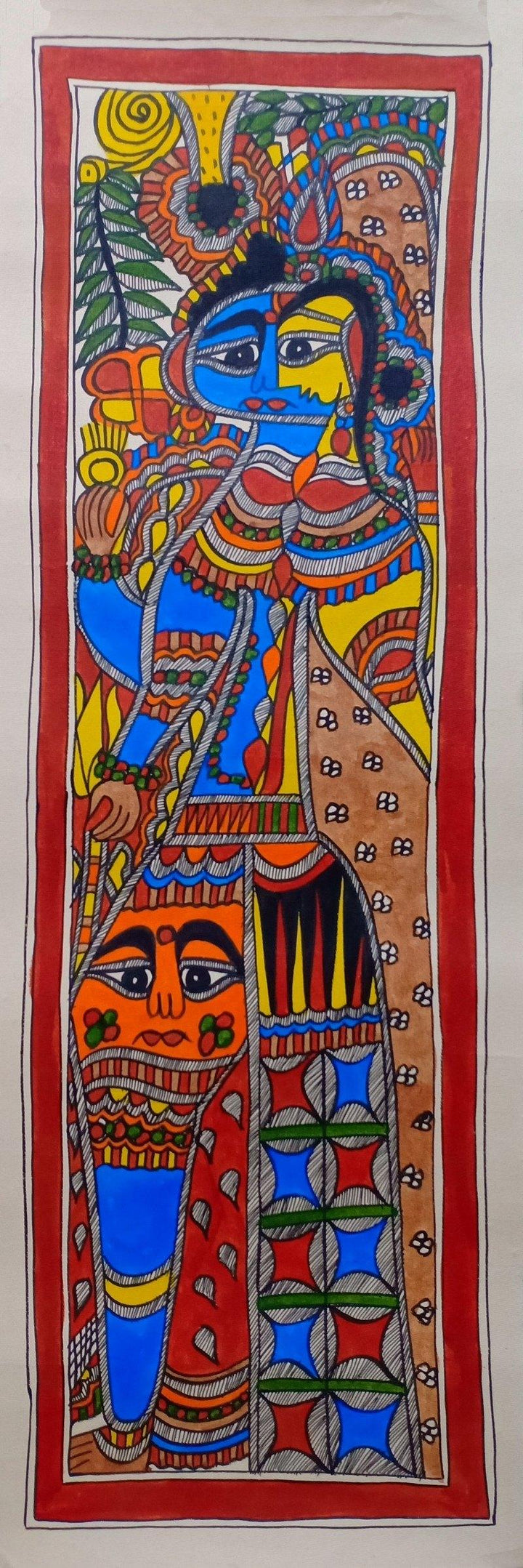 Religious madhubani traditional art titled 'Ardhanareeswara 2', 22x8 inches, by artist Mithilesh Jha on Paper