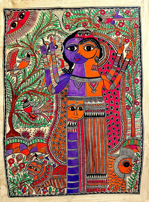 Folk Art madhubani traditional art titled 'Ardhanareeswara', 30x22 inches, by artist Chano Devi on Handmade Paper