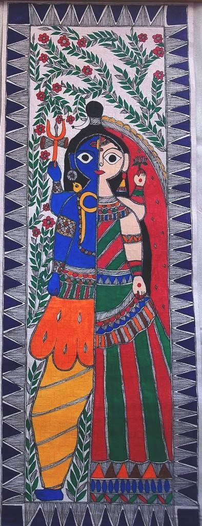 Religious acrylic painting titled 'Ardhangini', 12x30 inches, by artist Preeti Das on Canvas