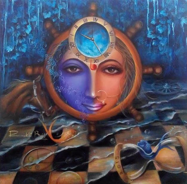 Religious acrylic painting titled 'Ardhangraas', 24x24 inches, by artist Rakhi Baid on Canvas