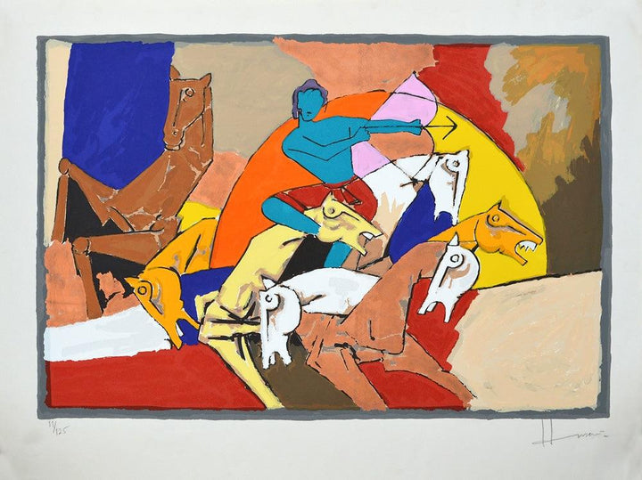 Religious serigraphs painting titled 'Arjun', 27x40 inches, by artist M. F. Husain on Paper