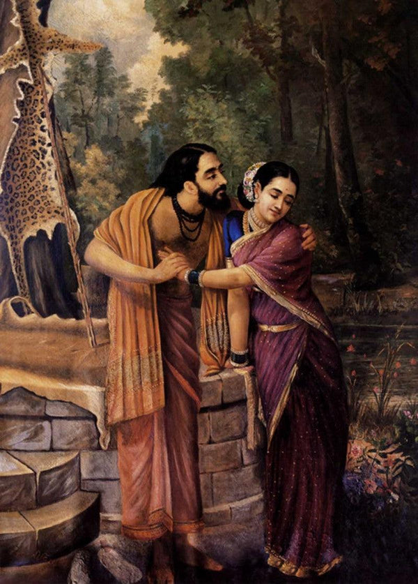 Figurative oil painting titled 'Arjuna And Subhadra', 36x26 inches, by artist Raja Ravi Varma Reproduction on Canvas