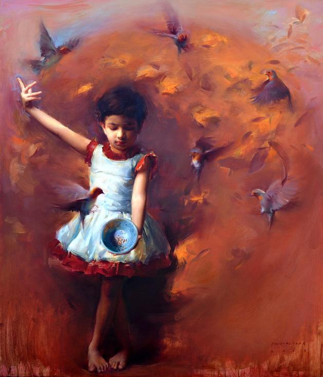 Figurative oil painting titled 'Around The Bowl', 48x42 inches, by artist Pramod Kurlekar on Canvas