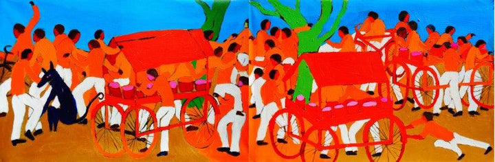 contemporary acrylic painting titled 'Around The Tree', 58x19 inches, by artist Kumar Ranjan on Canvas