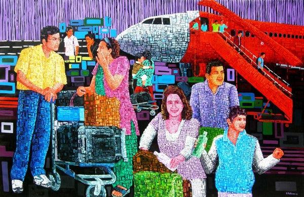 Figurative acrylic painting titled 'Arrivals', 60x96 inches, by artist Azizur Rahman on Canvas