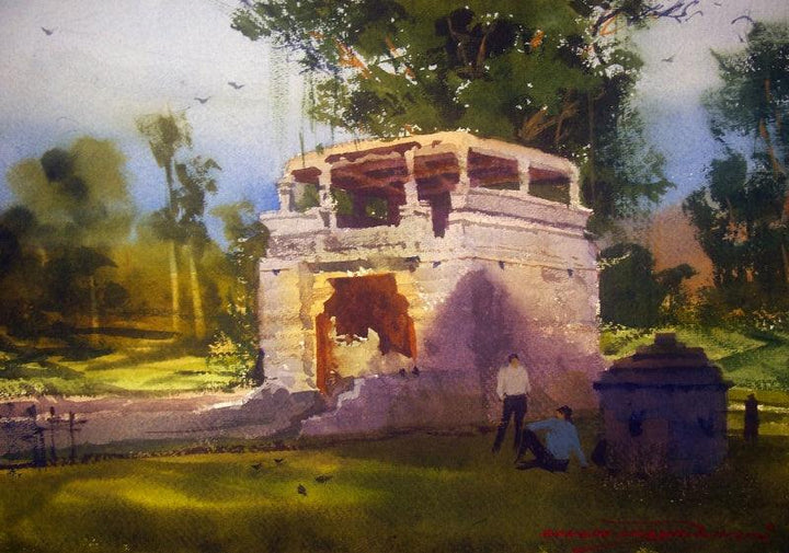 Landscape watercolor painting titled 'Arthuna Village', 11x14 inches, by artist RAKESH SURYAWANSHI on Paper