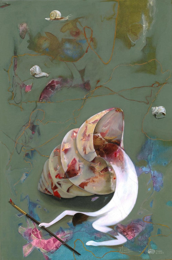 Abstract acrylic painting titled 'Artist and Sea Shell', 36x24 inches, by artist Zakir Hussain  Shaikh on Canvas