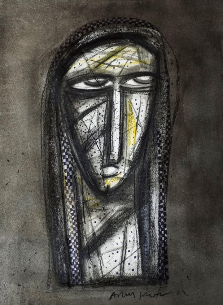 Figurative charcoal painting titled 'Aryan Face', 20x28 inches, by artist Arun K Mishra on Paper