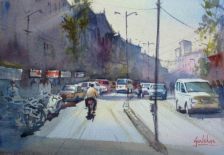 Cityscape watercolor painting titled 'As We Move Things Will Get Clear', 18x13 inches, by artist Gulshan Achari on Paper