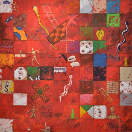 Abstract acrylic painting titled 'Ascent (Game)', 123x123 inches, by artist Saurab Bhardwaj on Canvas