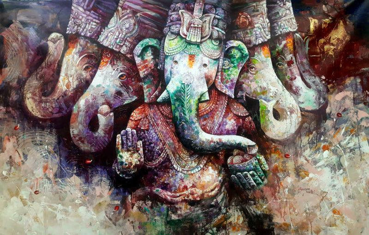 Religious acrylic oil painting titled 'Ashirwad', 36x58 inches, by artist Rajender Bharti on Canvas