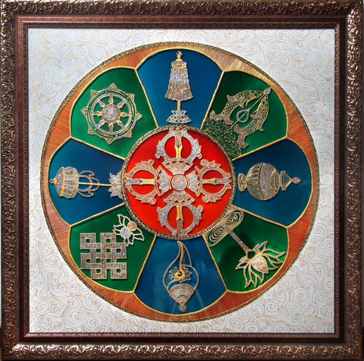 Abstract glass art titled 'Ashtamangala', 36x36x6 inches, by artist Shweta Vyas on glass