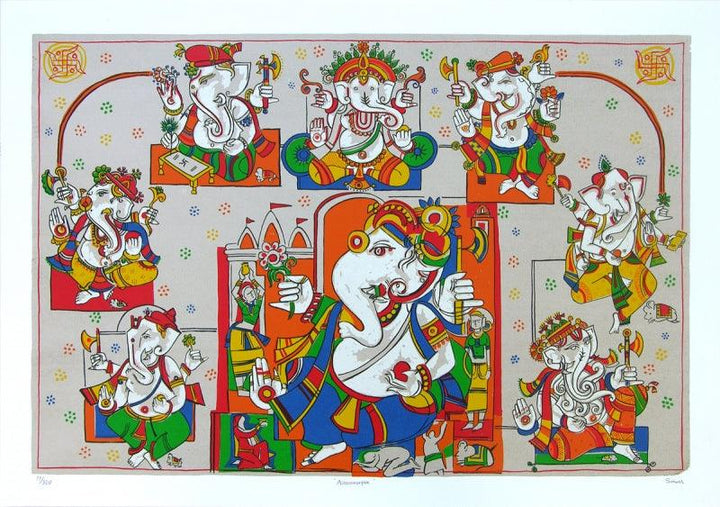 Religious serigraphs painting titled 'Ashtavinayak', 28x40 inches, by artist Jagdeep Smart on Paper