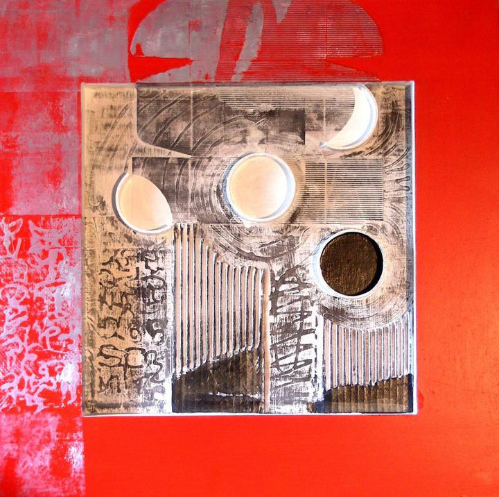 Abstract mixed media titled 'Assemblages I', 24x24 inches, by artist Vivek Rao on wood