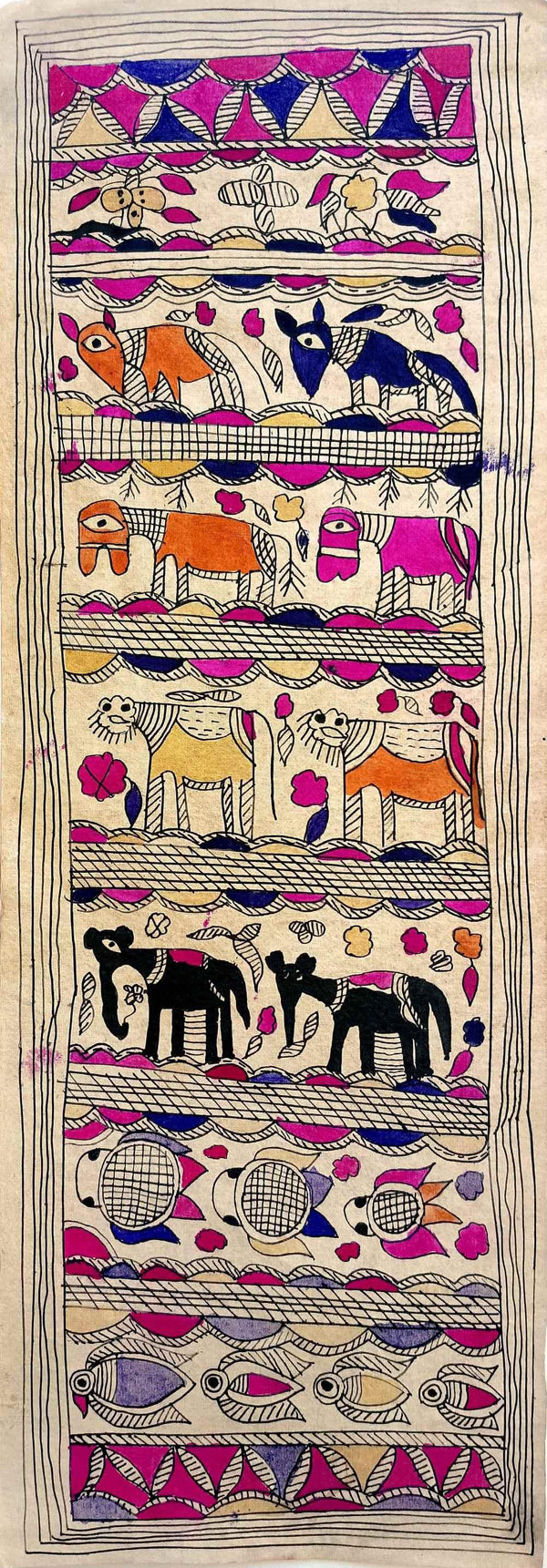 Folk Art madhubani traditional art titled 'Assembly Of Animals', 23x9 inches, by artist Yamuna Devi on Handmade Paper