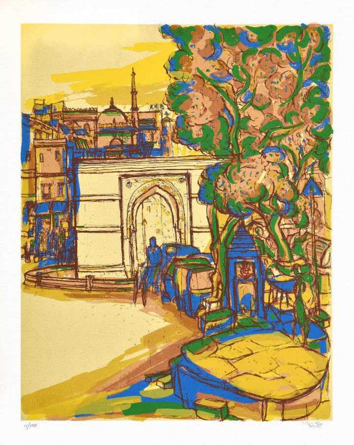 Cityscape serigraphs painting titled 'Astodia Darwaza', 30x24 inches, by artist Vrindavan Solanki on Paper