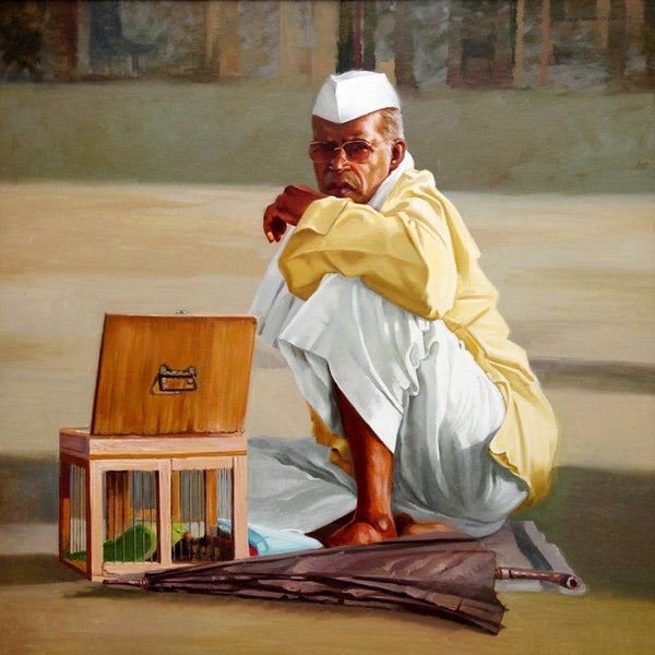 Figurative oil painting titled 'Astrologer', 36x36 inches, by artist Vinayak Takalkar on Canvas