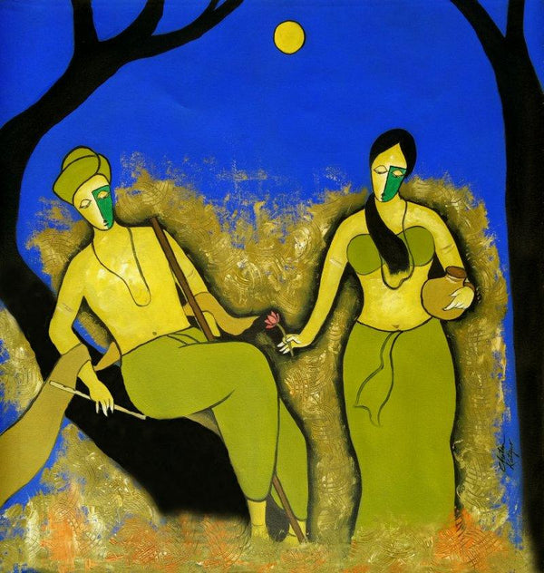 Figurative mixed media painting titled 'At Night', 29x29 inches, by artist Chetan Katigar on Canvas