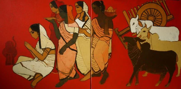 Figurative acrylic painting titled 'At Pooja Diptych', 15x30 inches, by artist Siddharth Shingade on Canvas