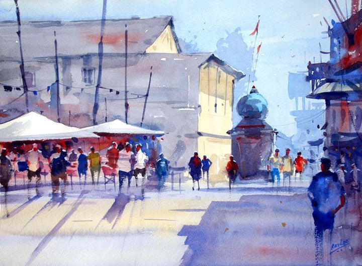 Cityscape watercolor painting titled 'At Signal', 11x15 inches, by artist Ravee Songirkar on Paper