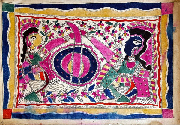 Folk Art madhubani traditional art titled 'At The Mill Stone', 16x23 inches, by artist Urmila Devi on Handmade Paper