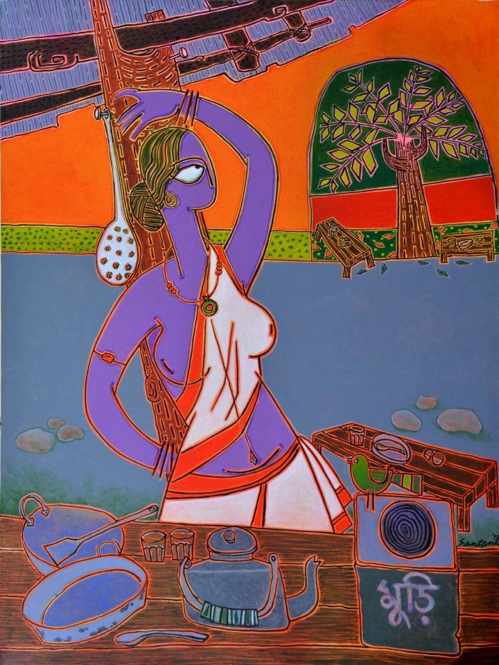 Figurative acrylic painting titled 'At The Tea stall', 36x48 inches, by artist Santanu Nandan Dinda on Canvas