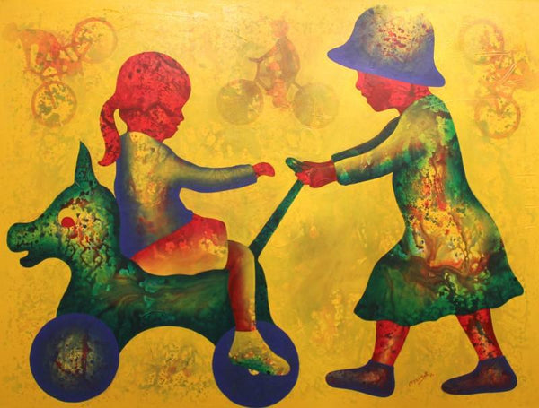 Figurative acrylic painting titled 'Athkheliya 1', 36x48 inches, by artist Lakhan Singh Jat on Canvas