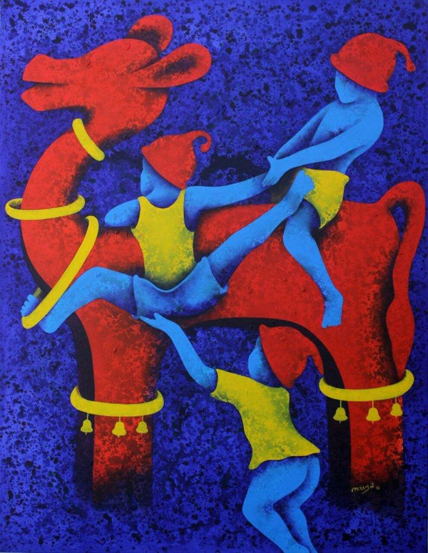 Figurative acrylic painting titled 'Athkheliyan 19', 48x36 inches, by artist Lakhan Singh Jat on Canvas