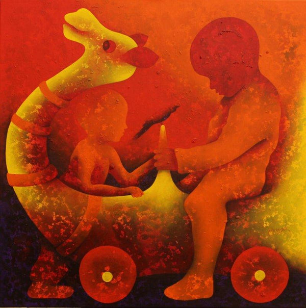 Figurative acrylic painting titled 'Athkheliyan 51', 36x36 inches, by artist Lakhan Singh Jat on Canvas