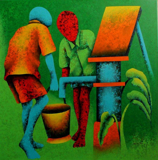 Figurative acrylic painting titled 'Athkheliyan 55', 36x36 inches, by artist Lakhan Singh Jat on Canvas