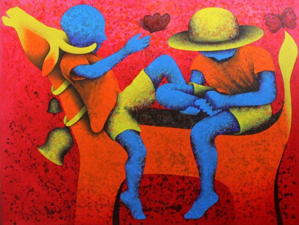 Figurative acrylic painting titled 'Athkheliyan 59', 36x48 inches, by artist Lakhan Singh Jat on Canvas