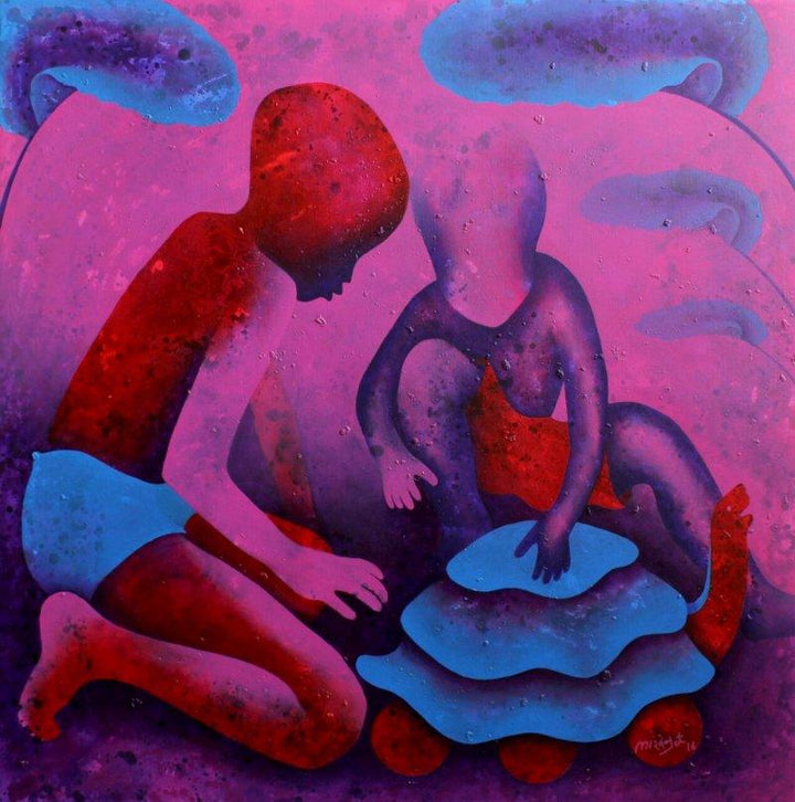 Figurative acrylic painting titled 'Athkheliyan 64', 36x36 inches, by artist Lakhan Singh Jat on Canvas