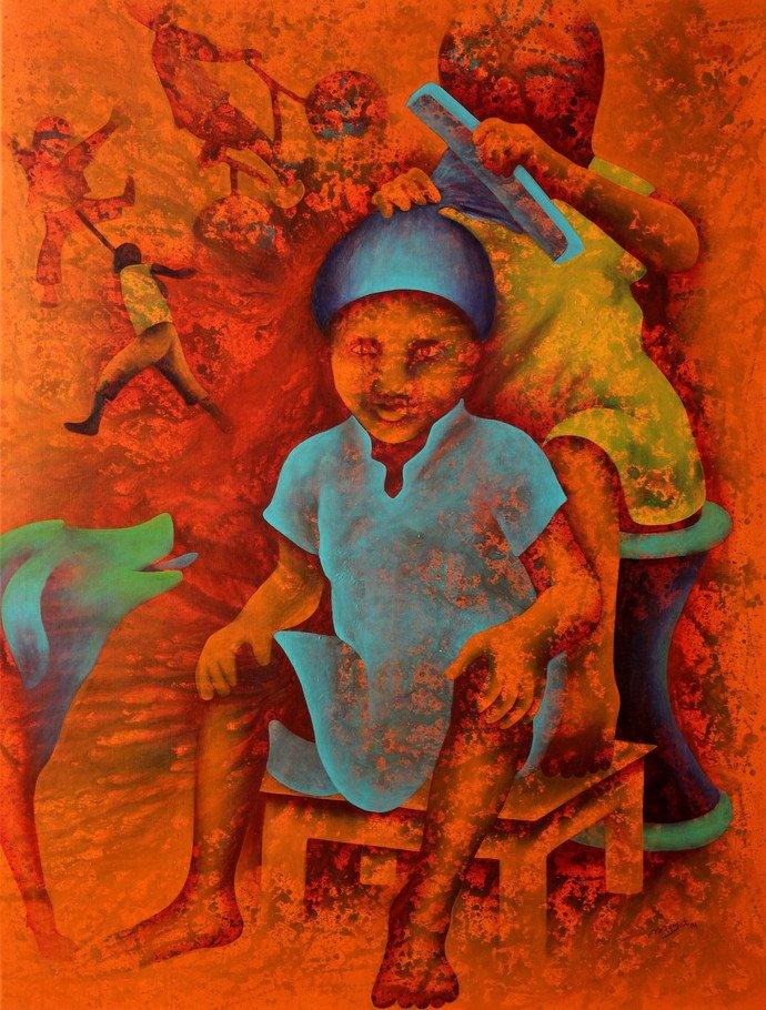 Figurative acrylic painting titled 'Athkheliyan 91', 48x36 inches, by artist Lakhan Singh Jat on Canvas