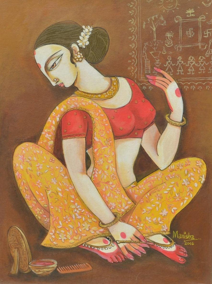 Figurative acrylic painting titled 'Atraction Of Beauty', 24x18 inches, by artist Manisha Srivastava on Canvas Board