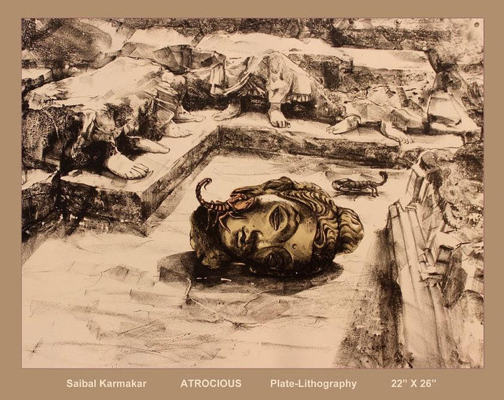 contemporary printmaking titled 'Atrocious', 22x26 inches, by artist Saibal Karmakar on Plate lithography