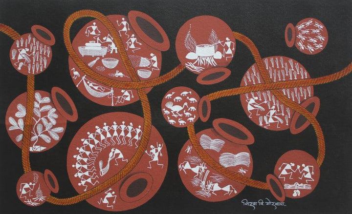 Figurative warli traditional art titled 'Attachment Of Cultural 2', 16x24 inches, by artist Kiran Gorwala on Canvas